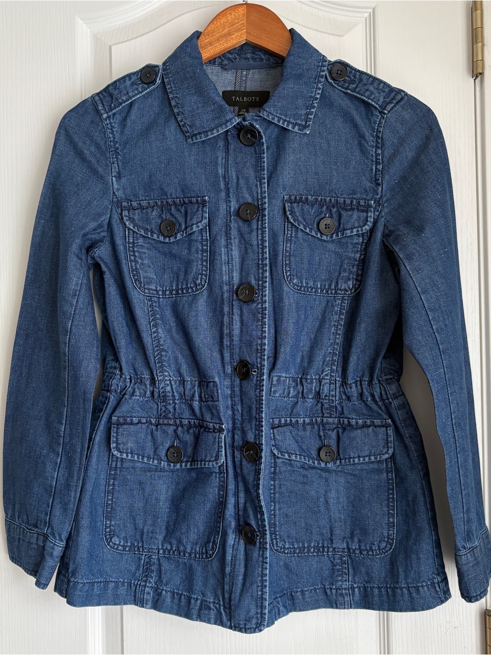 Talbots Denim Utility Safari Jacket XS Cotton Hemp Blend Blue
